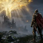 Elden Ring contenido cortado: caballero misterioso con armadura dorada frente a un castillo en ruinas bajo un árbol gigante dorado