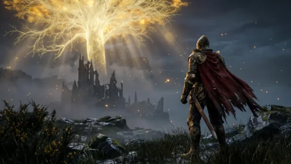 Elden Ring contenido cortado: caballero misterioso con armadura dorada frente a un castillo en ruinas bajo un árbol gigante dorado