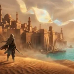 Elder Scrolls 6 Sentinel: ilustración de una ciudad del desierto de Hammerfell con pergaminos antiguos en el cielo