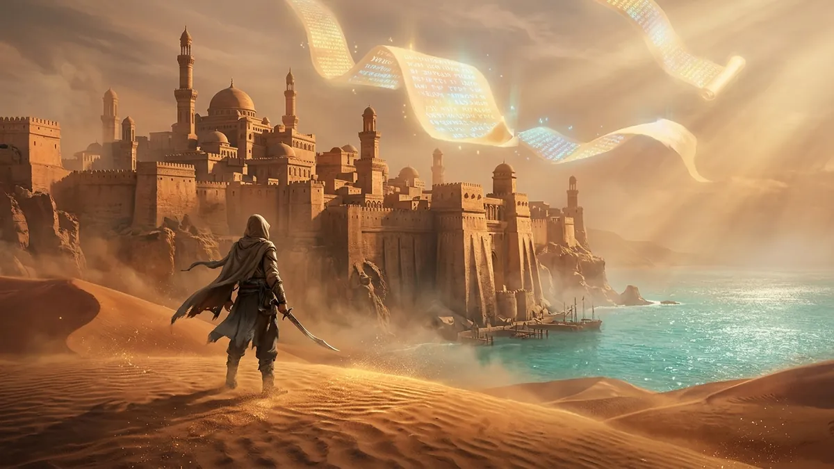 Elder Scrolls 6 Sentinel: Ilustración De Una Ciudad Del Desierto De Hammerfell Con Pergaminos Antiguos En El Cielo