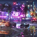 GTA 6 210 GB: Ocean Drive de noche bajo la lluvia en Vice City (captura oficial de Rockstar Games)