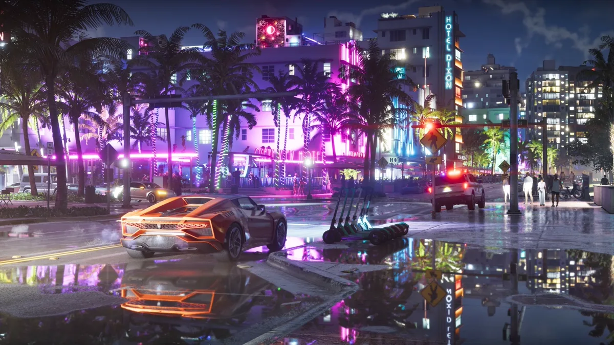 Gta 6 210 Gb: Ocean Drive De Noche Bajo La Lluvia En Vice City (Captura Oficial De Rockstar Games)