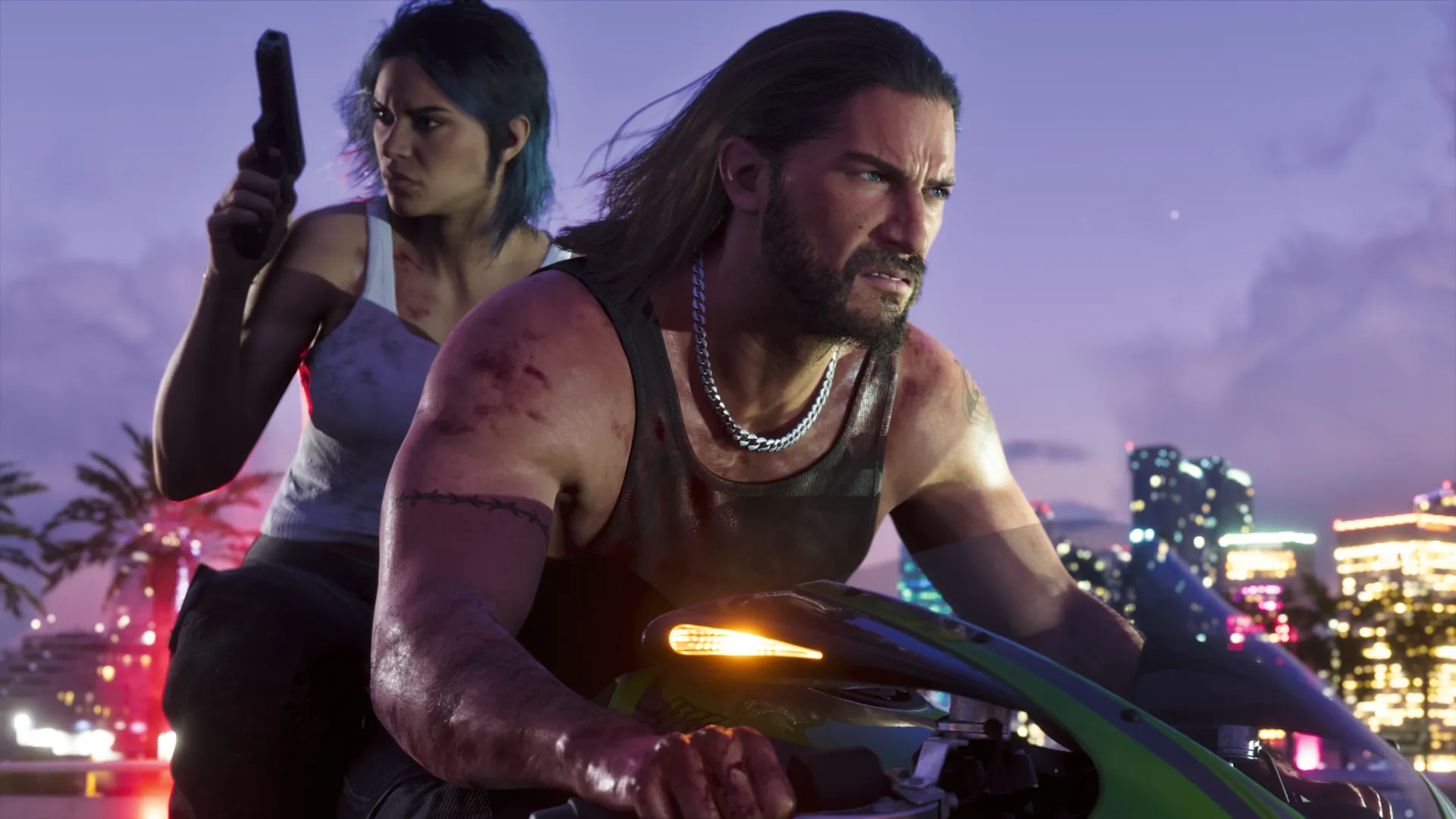 Jason Conduce Una Moto De Noche Por Vice City Con Lucia Armada Detrás