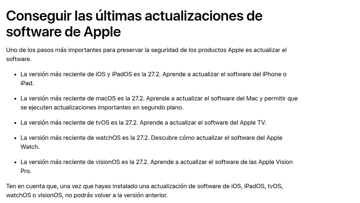 Ios 27.2 En La Página De Versiones De Seguridad De Apple