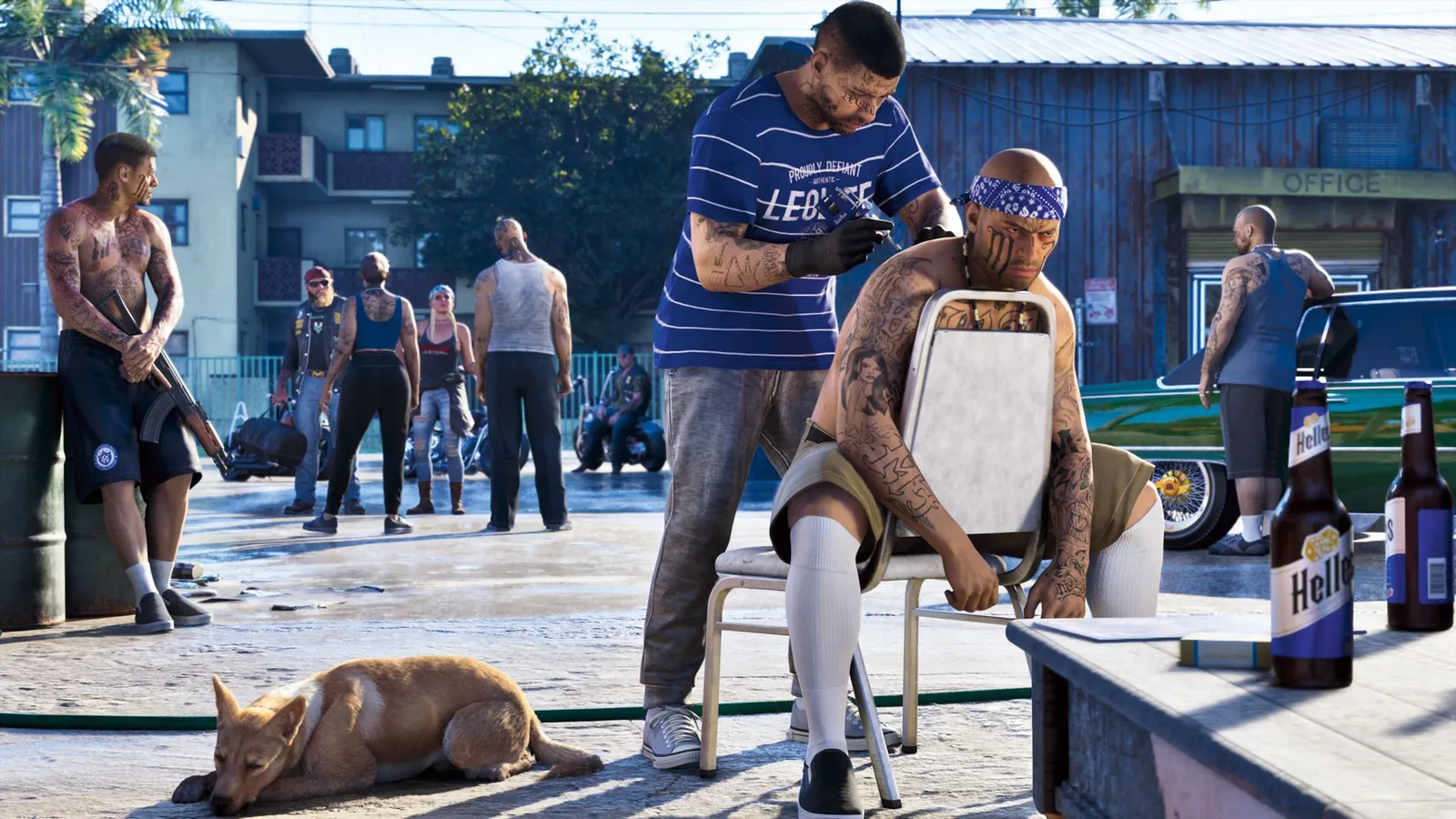 Jugabilidad De Gta 6: Escena En Un Barrio De Leonida Con Un Perro Y Una Sesión De Tatuajes