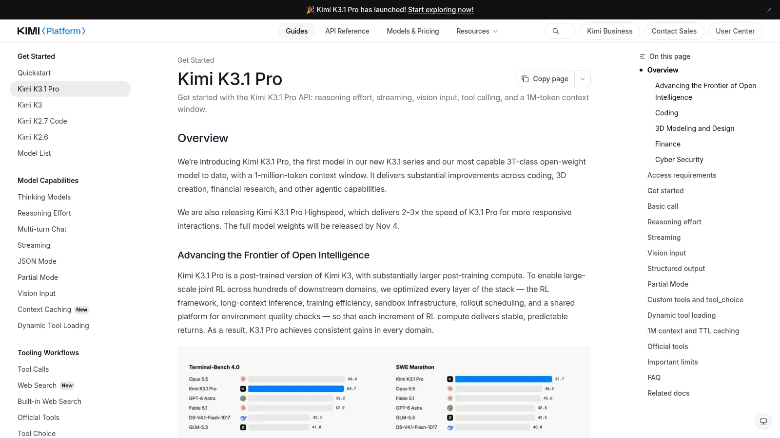 Kimi K3.1 Pro En La Documentación Oficial De La Api De Kimi Con La Comparación De Benchmarks