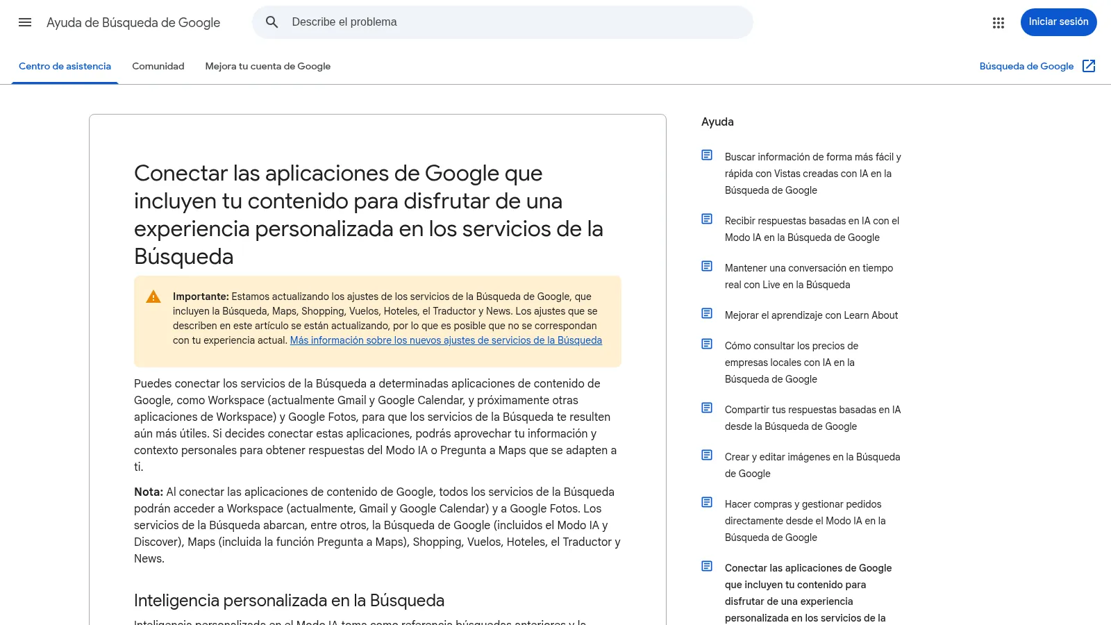 Página De Ayuda De Google Que Explica Cómo Conectar Apps A Personal Intelligence En La Búsqueda