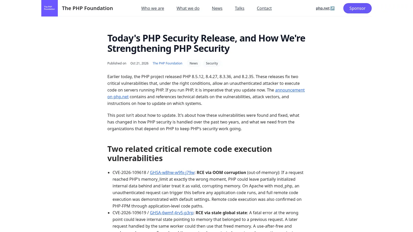 Comunicado De The Php Foundation Sobre La Vulnerabilidad Php2Shell