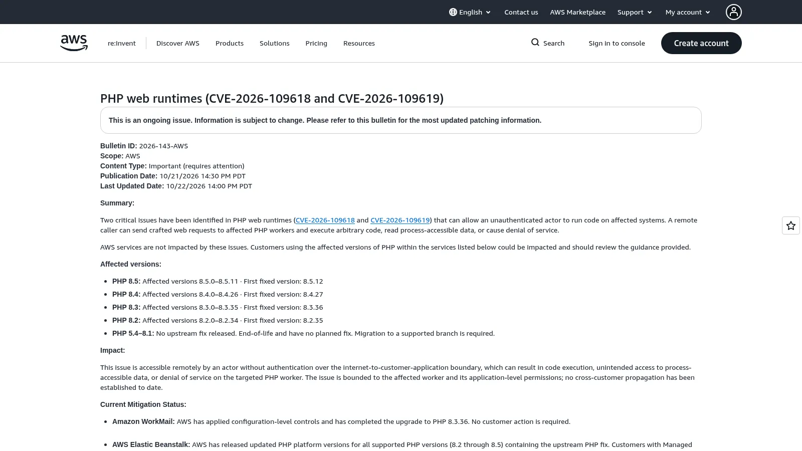 Boletín De Aws Con Las Versiones De Php Afectadas Por Php2Shell